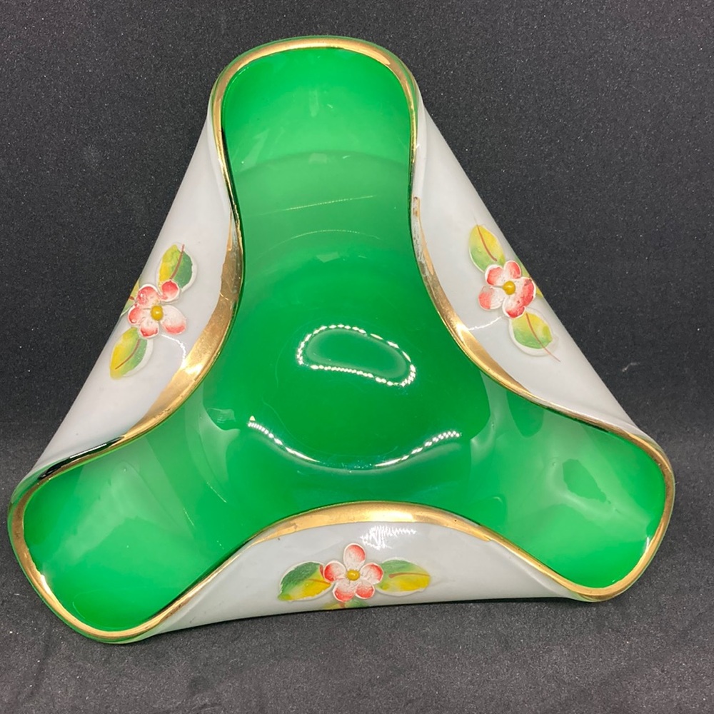 Vintage Nasco green and white cased glass candy bowl, hand painted art glass